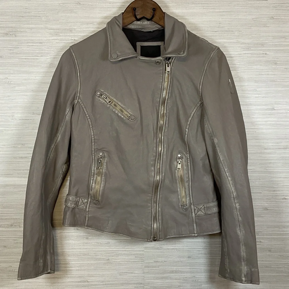 Women's Mauritius Sofia RF Lambskin Leather Biker Moto Jacket Distressed Grey 8 - Picture 1 of 16